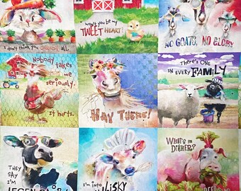 Funny animal cotton woven fabric, farm animal fabric by the yard, cotton fabric, farm fabric, chicken fabric, cow fabric, goat fabric,
