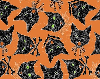 Scaredy Cats - Orange cotton woven fabric, cat fabric by the yard, kitty fabric, spooky fabric, Halloween fabric, Rachel Hauer fabric