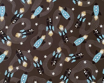 Spaceship cotton woven fabric, space fabric by the yard, cotton fabric, face mask fabric, rocket fabric, glow in the dark fabric