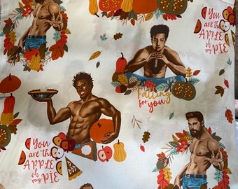 Funny Thanksgiving fabric - Alexander Henry cotton woven fabric, pinup guy fabric by the yard, hunk fabric, fall fabric, lgbtq fabric