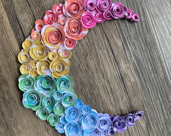 Rainbow Paper Flower Moon with Handmade roses in a bright rainbow, perfect rainbow home decor for rainbowcore aesthetic, moonchild decor