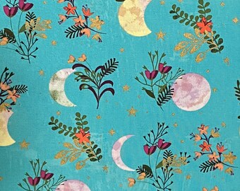 Teal boho moon cotton woven fabric, galaxy fabric by the yard, witchcore fabric, moon quilt fabric, eclectic fabric, boho fabric