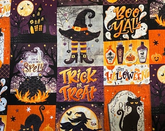 Halloween quilt fabric, cotton woven fabric by the yard, witch fabric, spooky fabric, Halloween fabric, Black cat fabric, ghost fabric