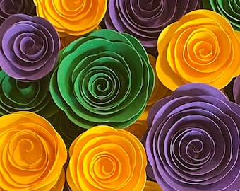 Mardi Gras Paper Flowers | Purple, Green, and Gold Paper Roses | Small Handmade Paper Flowers | Handmade Paper Roses | Mardi Gras Decoration