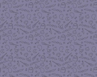 Small scale spooky cotton woven fabric, purple Halloween fabric by the yard, cotton fabric, bat fabric, gravestone fabric, witchy fabric
