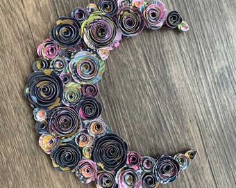 Rainbow Paper Flower Moon with Handmade roses in a dark rainbow, perfect rainbow home decor for rainbowcore aesthetic, moonchild decor