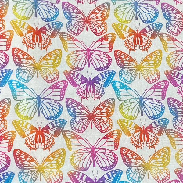 Rainbow butterfly cotton woven fabric, rainbow butterfly fabric by the yard, cotton fabric, colorful fabric, fun fabric, pride fabric