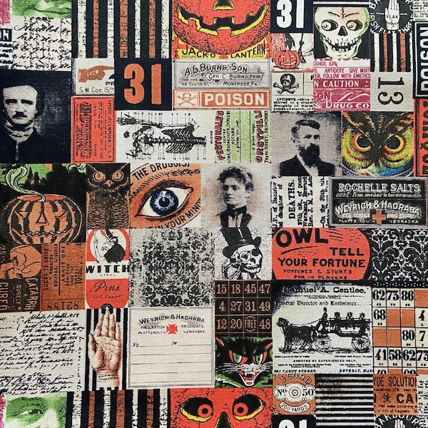 Gothic cotton woven fabric, Halloween fabric by the yard, cotton fabric, mask fabric, skull fabric, bag fabric, spooky fabric, owl fabric