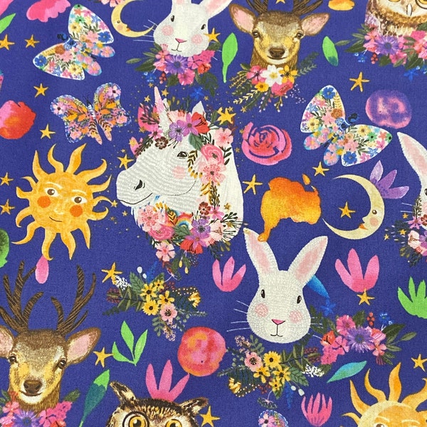 Boho animal fabric with bunnies, unicorns, owls, deer, butterflies, suns, and moons - Bright springtime cotton woven fabric by the yard