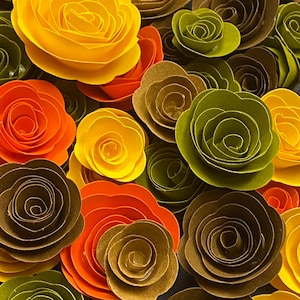May include: A collection of paper flowers in various shades of green, yellow, and orange. The flowers are layered and curled to create a three-dimensional effect.