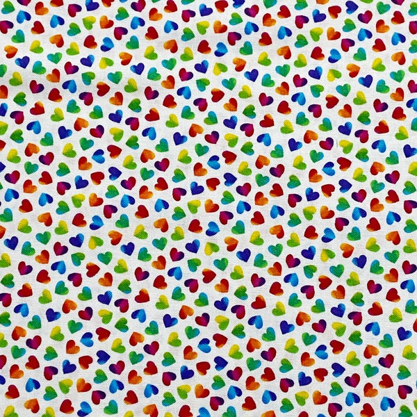 Rainbow heart cotton woven fabric, rainbow fabric by the yard, cotton fabric, love fabric, pride fabric, heart fabric, small scale fabric