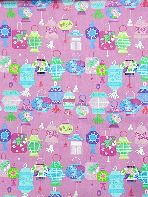 Lantern cotton woven fabric, pink fabric by the yard, cotton fabric, food fabric, cute fabric, Japanese fabric, lantern fabric