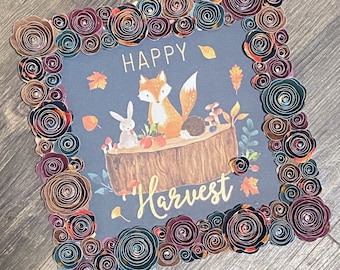 Happy Harvest Fall Artwork with gold foil details and forest animals surrounded by handmade paper flowers, Fox art, autumn art, flower art