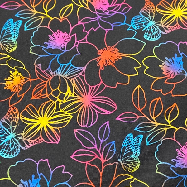 Rainbow flower cotton woven fabric, rainbow flower fabric by the yard, cotton fabric, colorful fabric, neon fabric, pride fabric