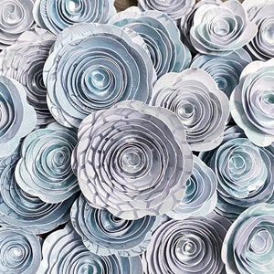 Paper Roses - &quot;Frozen&quot; Set of Blue, Silver and White Floral Paper Flowers, Blue Paper Flowers, Handmade Paper Roses, Paper Embellishments