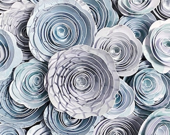 Paper Roses - "Frozen" Set of Blue, Silver and White Floral Paper Flowers, Blue Paper Flowers, Handmade Paper Roses, Paper Embellishments