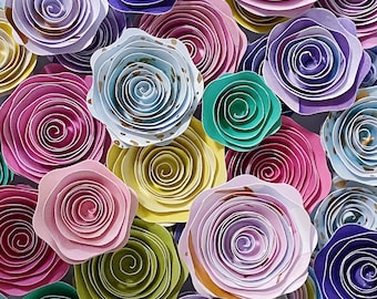 Paper Flowers - "Birthday Cake" Set of brightly colored paper flowers with gold foil details, colorful fun handmade paper roses