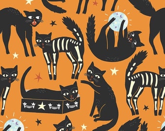 Halloween Cat fabric - cotton woven fabric that glows in the dark, cat fabric by the yard, kitty fabric, spooky fabric, Halloween fabric