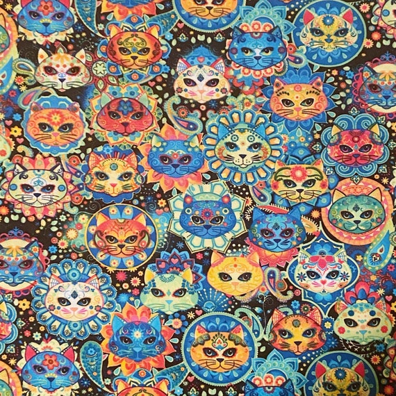 Day of the dead cotton woven fabric, cat fabric by the yard, cotton fabric, face mask fabric, dia de los muertos cat fabric, Halloween cats