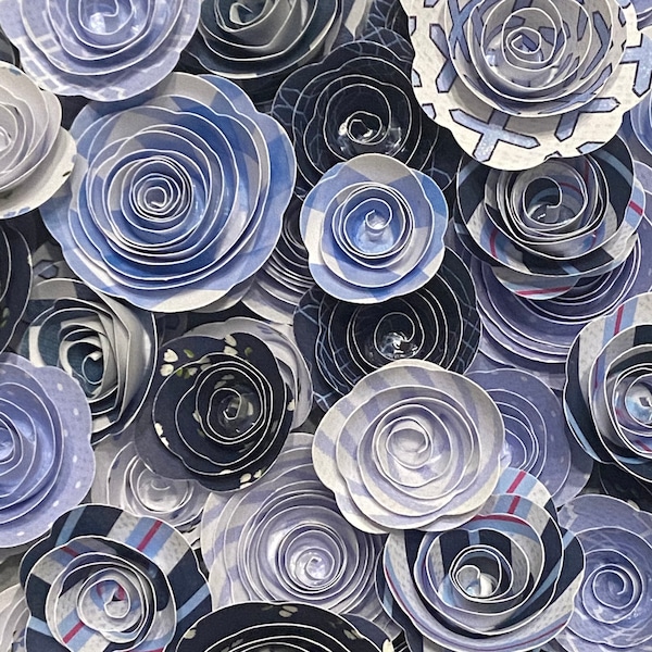 Paper Roses "Cape Cod” Set of Blue Paper Flowers | Periwinkle Paper Flowers | Nautical Handmade Paper Roses, Blue and white Roses