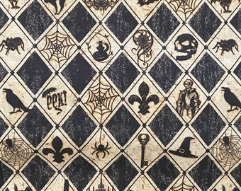 Gothic cotton woven fabric, Halloween fabric by the yard, cotton fabric, harlequin fabric, skull fabric, spooky fabric, spider fabric