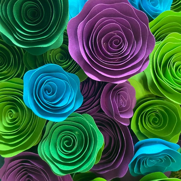 Peacock Flowers, Cardstock Flowers, Bright Paper Flowers, Purple, Green, and Blue Paper Roses, Faux Flowers,  Rolled Paper Flowers