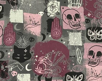 Purple gothic cotton woven fabric, Halloween fabric by the yard, cotton fabric, skull fabric, bag fabric, spooky fabric, occult fabric