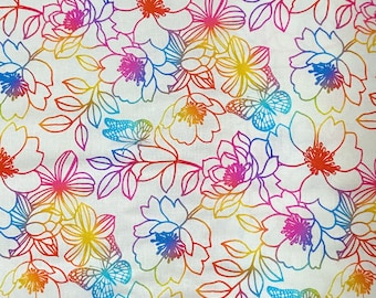 Rainbow flower cotton woven fabric, rainbow flower fabric by the yard, cotton fabric, colorful fabric, fun fabric, pride fabric