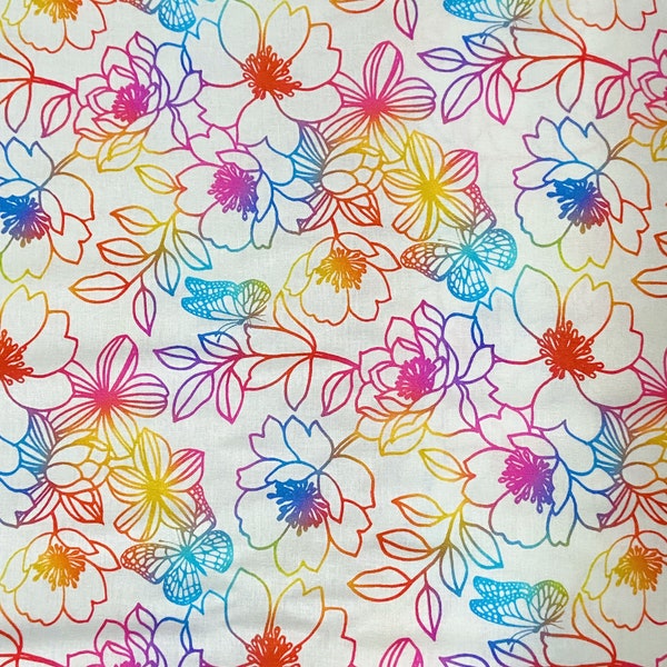 Rainbow flower cotton woven fabric, rainbow flower fabric by the yard, cotton fabric, colorful fabric, fun fabric, pride fabric
