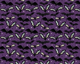 Purple bat cotton woven fabric, bat fabric by the yard, cotton fabric, fall fabric, spooky fabric, Halloween fabric, Maude Asbury fabric