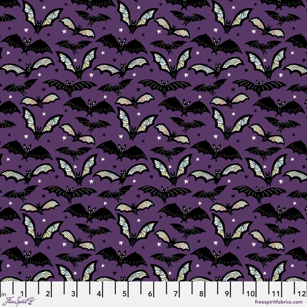 Purple bat cotton woven fabric, bat fabric by the yard, cotton fabric, fall fabric, spooky fabric, Halloween fabric, Maude Asbury fabric