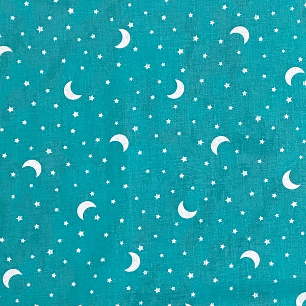 Teal moon cotton woven fabric, galaxy fabric by the yard, cotton fabric, moon quilt fabric, eclectic fabric, stars fabric, moon fabric