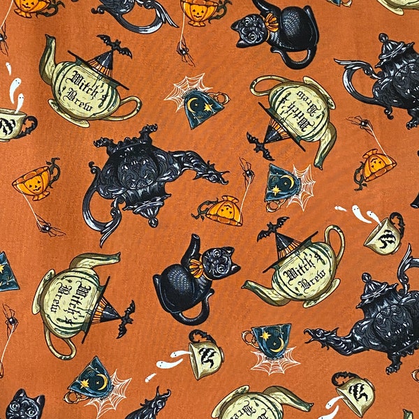 Rachel Hauer Halloween quilt fabric with vintage inspired spooky teapots and teacups along with black cats - cotton woven fabric by the yard