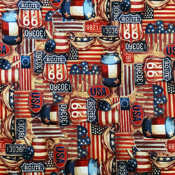 Patriotic cotton woven fabric, USA fabric by the yard, cotton fabric, face mask fabric, patriotic fabric, Route 66 fabric, American fabric