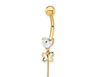 14k Yellow and Rose Gold Two-Tone Cubic Zirconia Double Butterfly Dangle Belly Ring Beauniq
