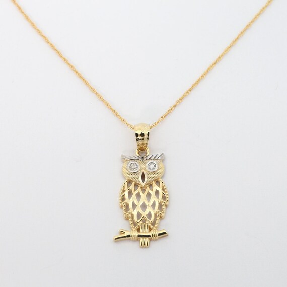 14K Yellow Gold CZ Elegant Owl Animal Pendant Necklace