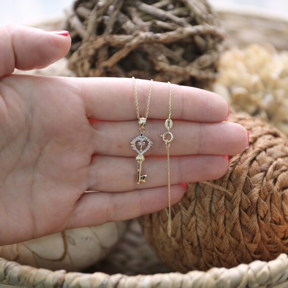 14k Yellow and White Gold Two Tone Heart Key Pendant Necklace