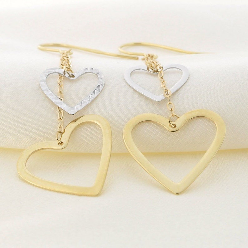 heart earrings - everyday earrings drop Pair 10k Yellow /& White Gold Two-Tone Open Heart Chain Dangle Earrings dangle earrings dainty