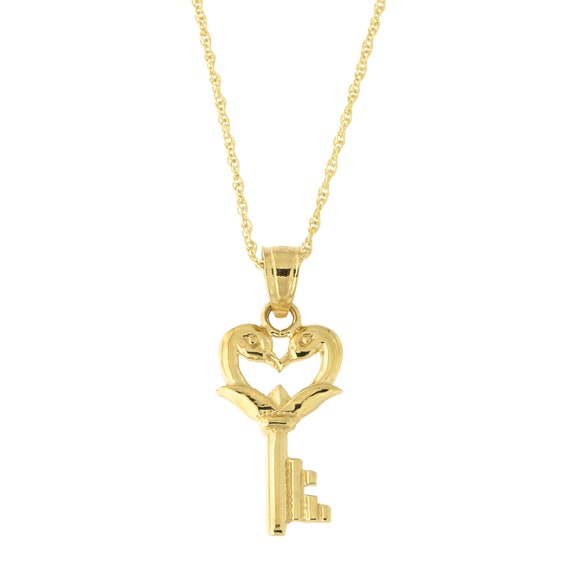 14k Yellow Gold Kissing Swans Heart Key Pendant Necklace - 14k Gold Heart And Key Pendant 14k Yellow Gold Kissing Swans Heart Key Pendant Necklace - 14k Gold Heart And Key Pendant
