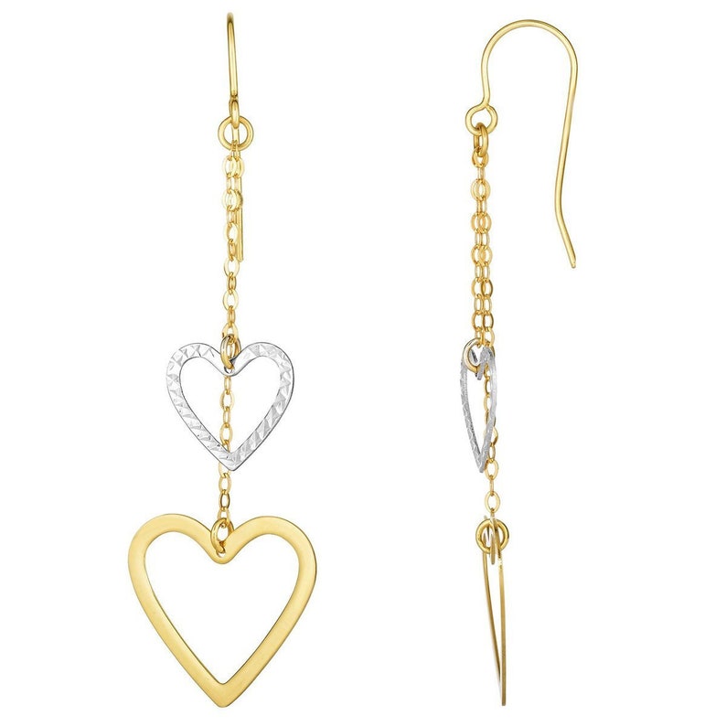 heart earrings - everyday earrings drop Pair 10k Yellow /& White Gold Two-Tone Open Heart Chain Dangle Earrings dangle earrings dainty