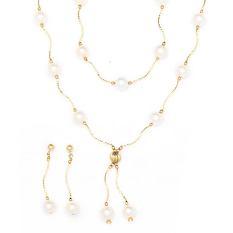 pearl necklace elegant necklace 14k gold 14k Yellow Gold Diamond Cut Freshwater Cultured Pearl Station Necklace cultured pearl