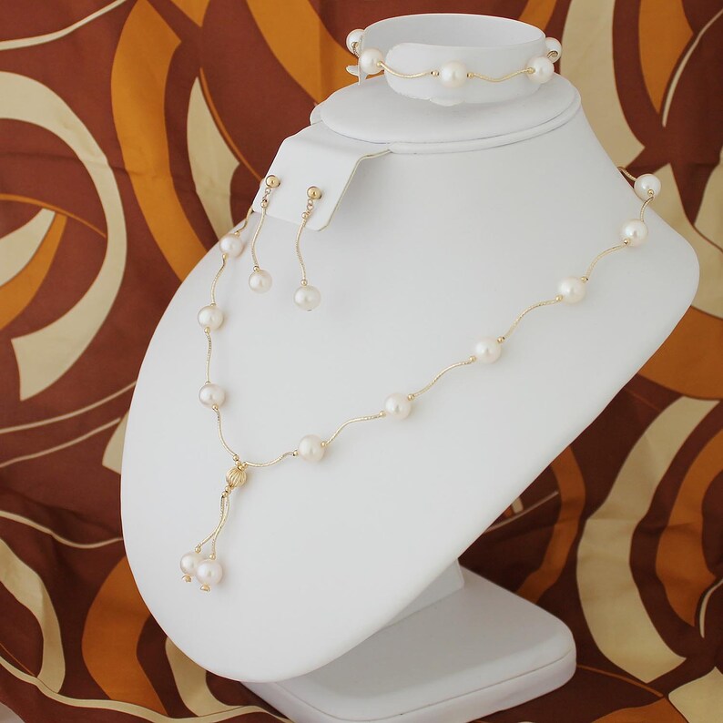 pearl necklace elegant necklace 14k gold 14k Yellow Gold Diamond Cut Freshwater Cultured Pearl Station Necklace cultured pearl