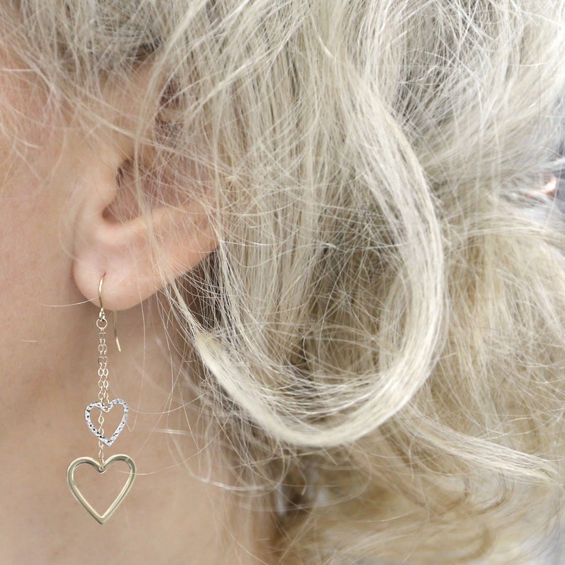 heart earrings - everyday earrings drop Pair 10k Yellow /& White Gold Two-Tone Open Heart Chain Dangle Earrings dangle earrings dainty