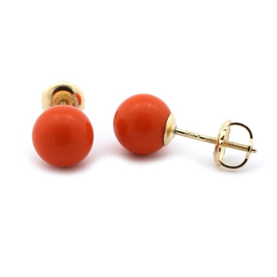 14k Yellow or White Gold or Sterling Silver Dark Red Simulated Coral Ball Safety Screwback Earrings