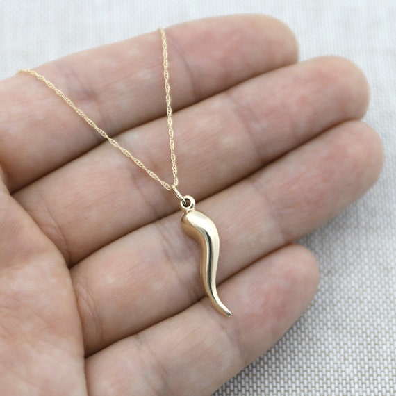 14k Yellow Or White Gold 24mm Italian Horn Pendant Necklace Image 0