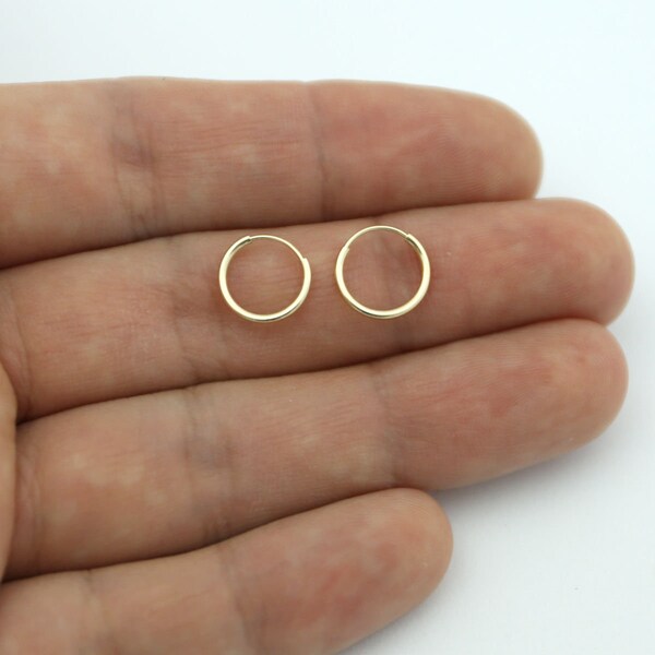 14k Yellow Gold 1mm Endless Hoop Earrings, 10mm (3/8"), two earrings - everyday earrings, mini hoop earrings, cartilage earrings, 14k gold