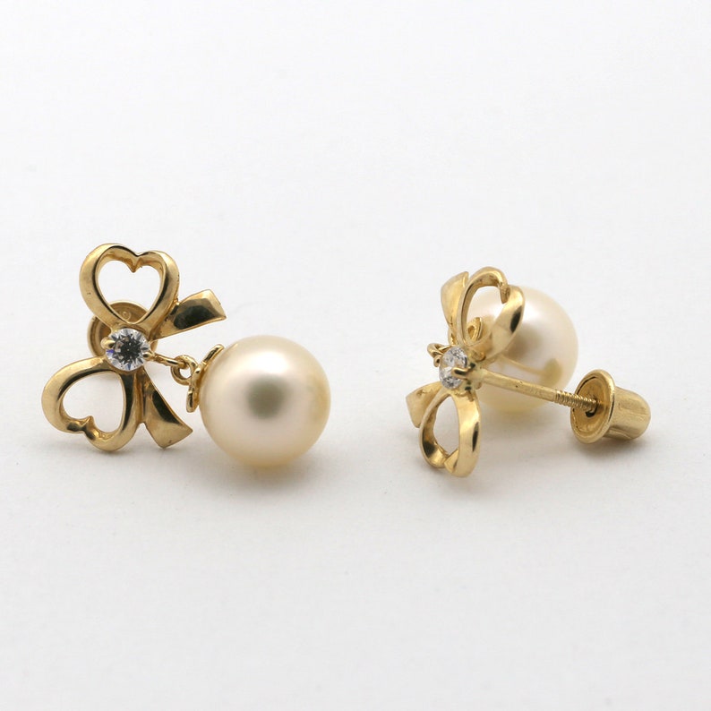 4mm Pearl 14k Yellow Gold Freshwater Cultured Pearl Stud Earring with White Cubic Zirconia Stones 8mm Diameter