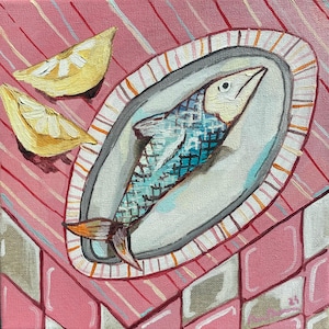 May include: An oil painting of a fish on a plate with two lemon wedges. The fish has blue and white scales and an orange tail. The plate is oval with a striped border, set on a pink and white striped surface.