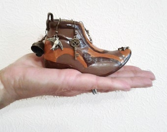 Small ceramic decorative cowboy boot Souvenir handmade shoe pincushion Unusual gift for man husband women