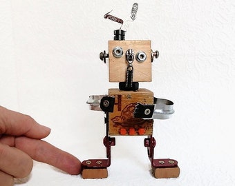 Wood robot sculpture for desk Unusual gift for man women Figurine doll Dancing K Zombie Vintage alphabet block